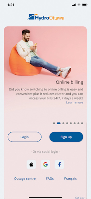 Hydro Ottawa App login screen