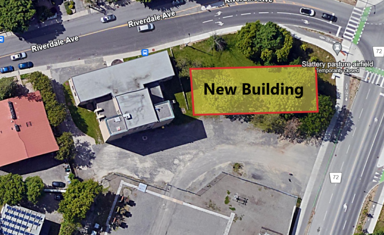A Google aerial view of the Riverdale substation with a drawing of the new building