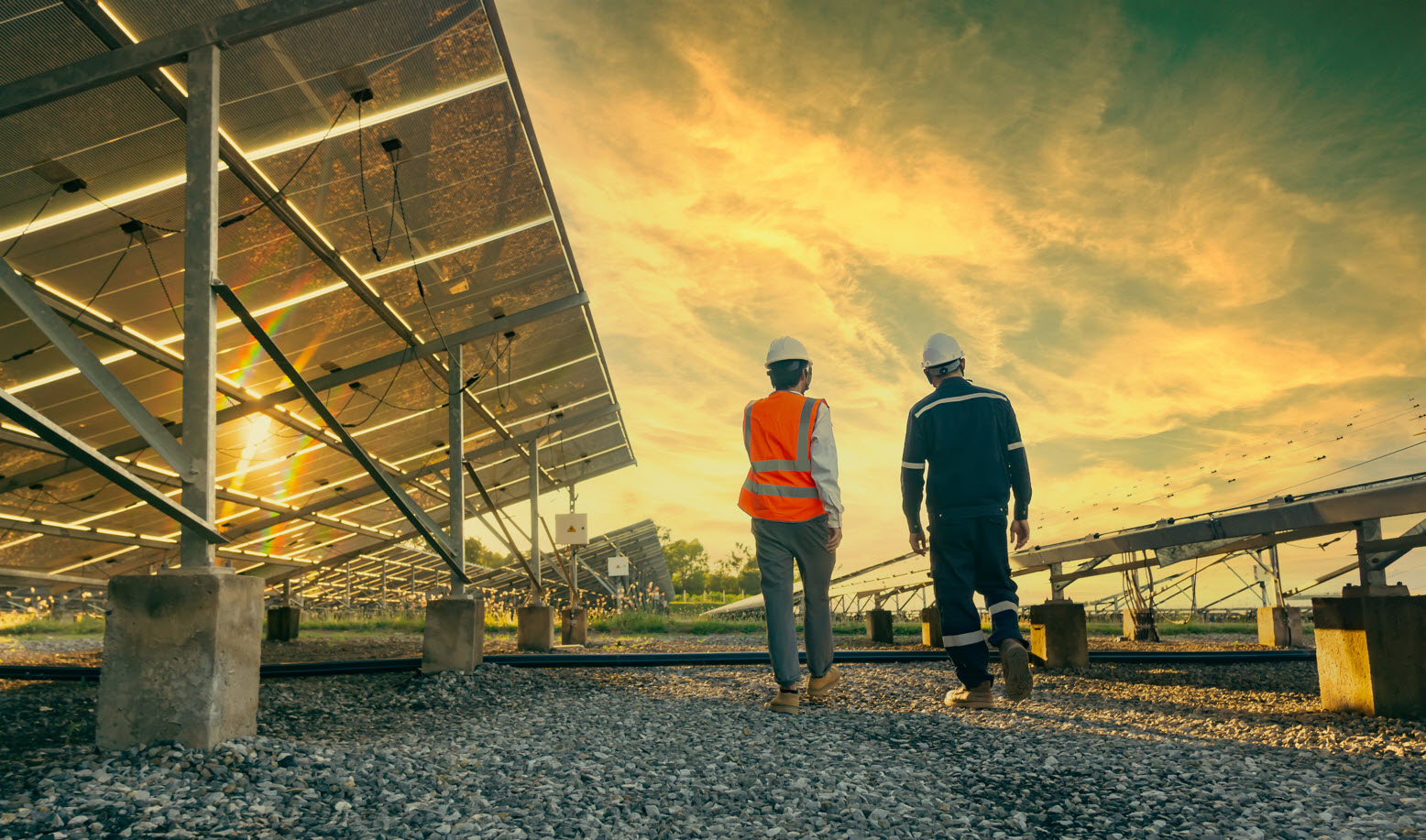 Engineers walk through a solar farm