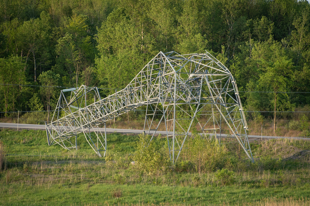 May 2022, derecho wind storm damages power lines and transmission tower     