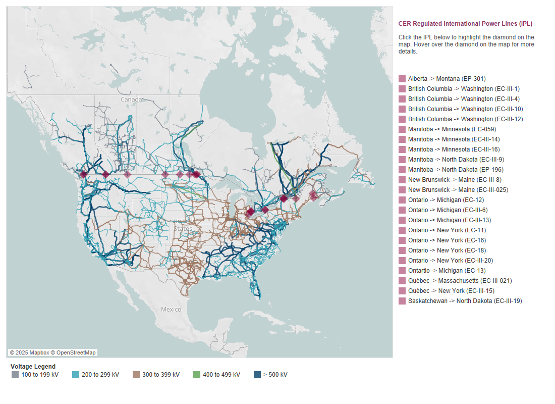 North American map of international power lines between Canada and the U.S.