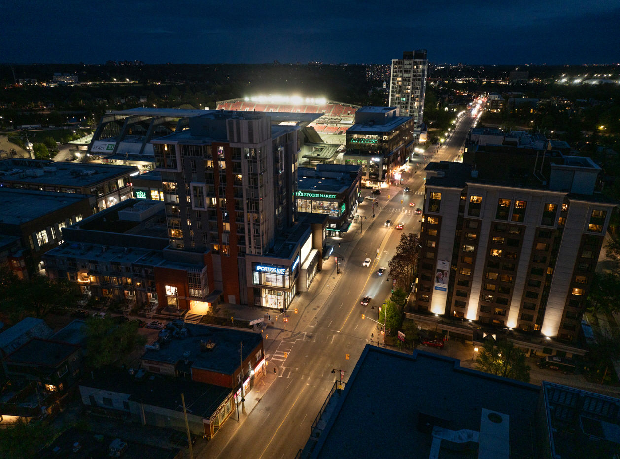 Downtown Ottawa at night lit up with lights