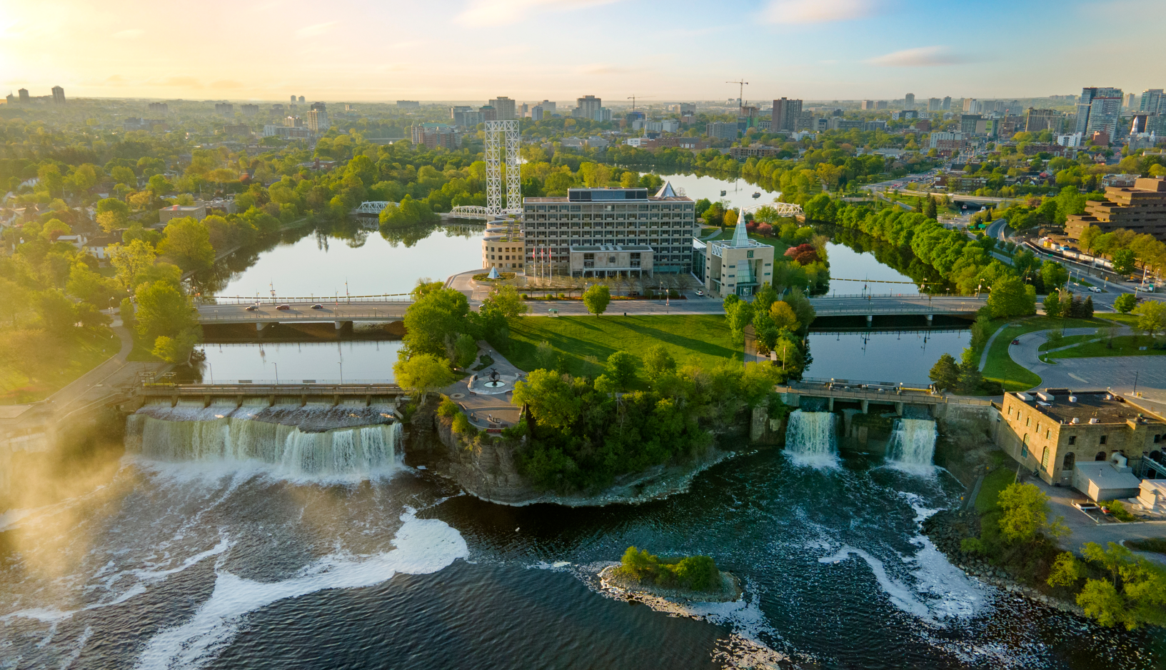 Aerial view of Ottawa's former City Hall building at the Rideau Falls