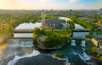 Aerial view of Ottawa's former City Hall building at the Rideau Falls