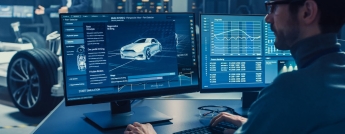 An electric vehicle designer sits behind a computer revealing the specs to a new car